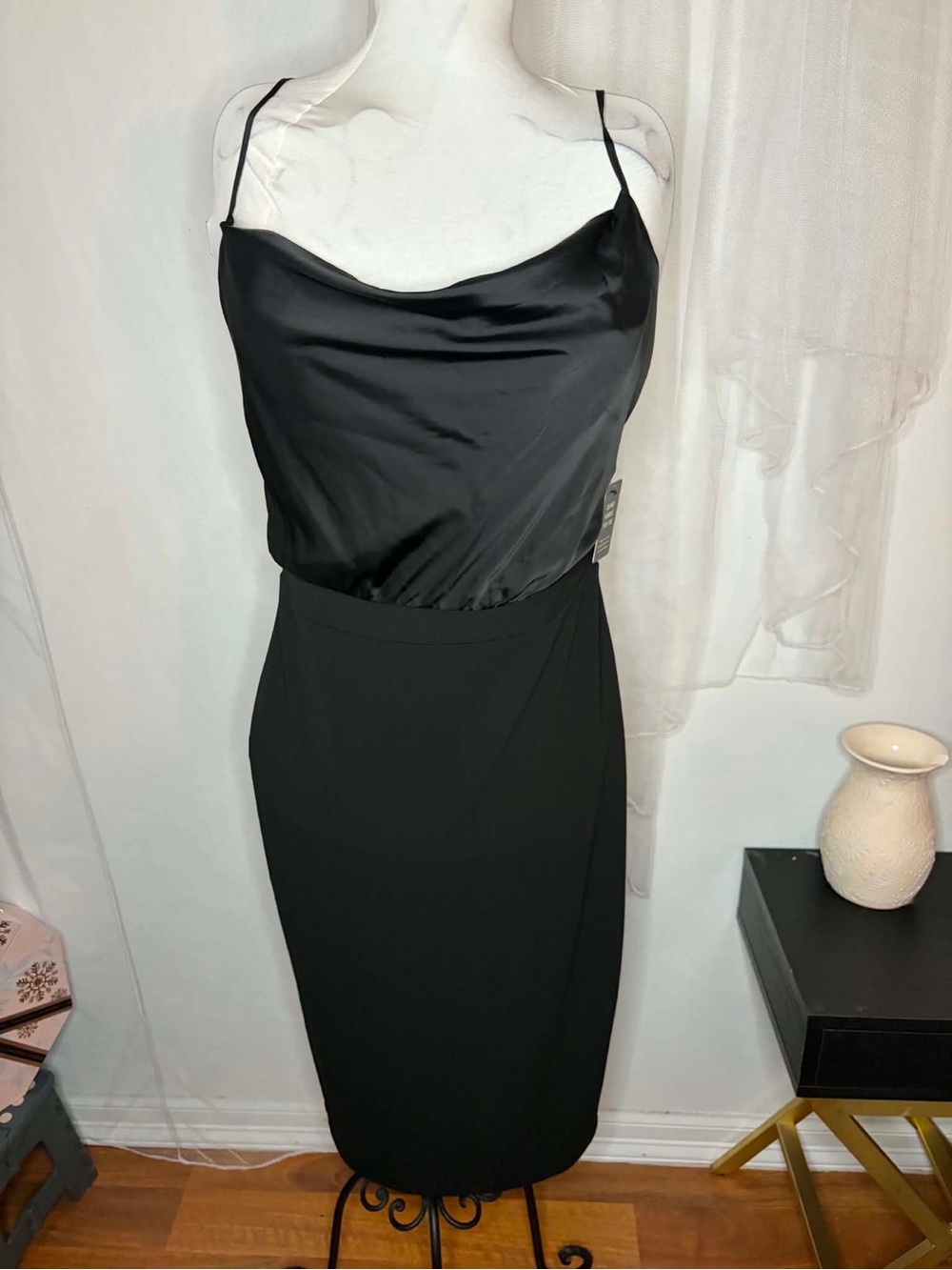 Express Black Satin Cowl Neck Midi Dress Medium